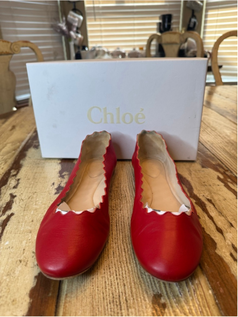 CHLOÉ | Red Leather Scalloped Ballet Flats Size 37